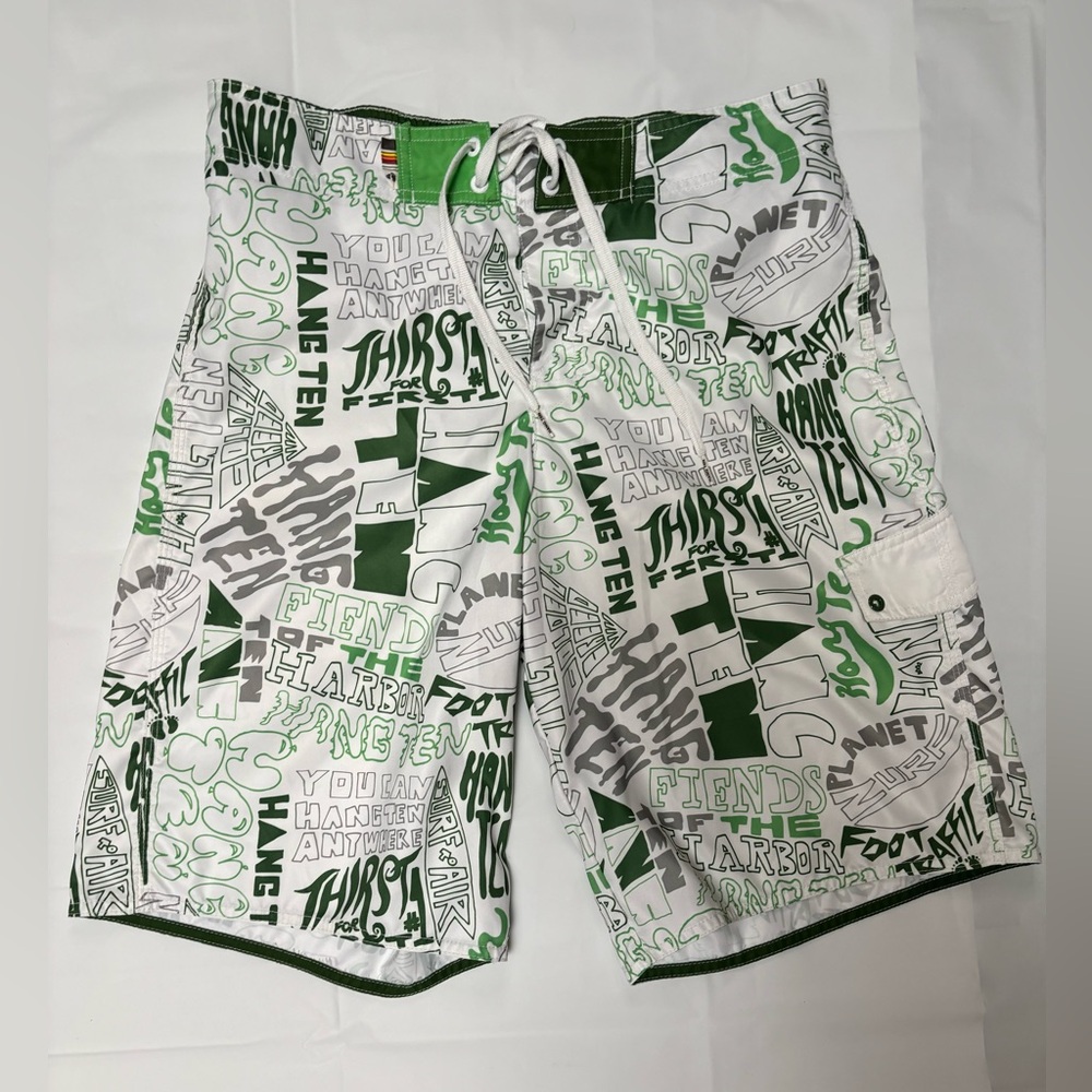 Hang Ten Swim Trunks Men's Size M Medium Graffiti Surfboard Shorts Logo Green